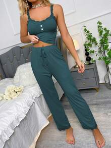 Lace Trim Cami Top & Pants PJ Set / Pajama Set Lounge Set
