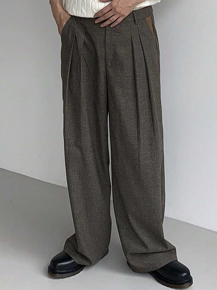 Men's Autumn Elastic Waist Pleated Design Loose Fit Dark Grey Suit Pants