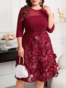 Reflora 大码贴花网眼拼布圆领优雅连衣裙 - 酒紅色 - 查看 6