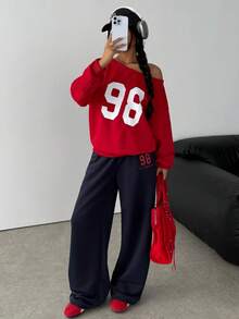 SHEIN 2 Stücke/Set Teenager Mädchen Rot Kontrast Farbe Off-Shoulder Loose Sweatshirt Top mit Nummer Muster & Relaxed Fit Jogginghose, Lässig Campus Streetwear Loungewear