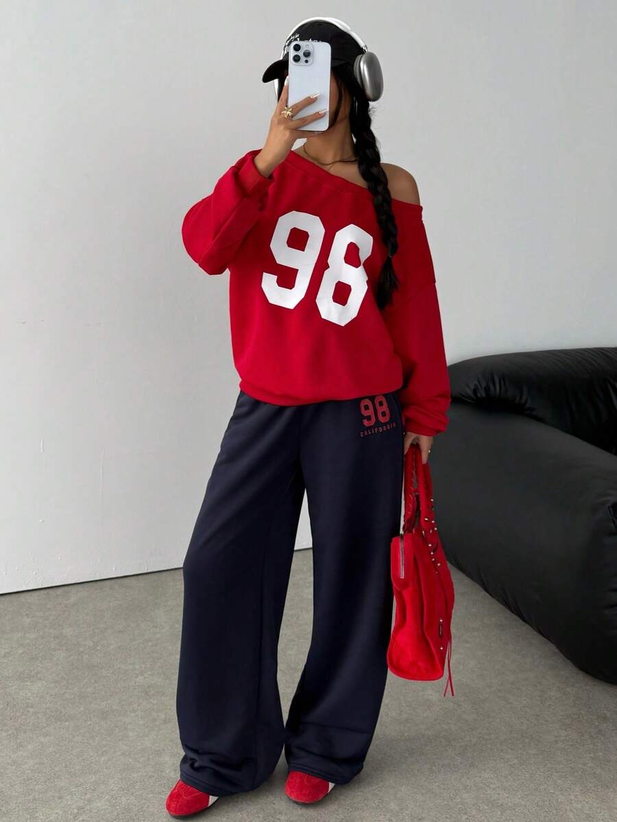 SHEIN 2 Stücke/Set Teenager Mädchen Rot Kontrast Farbe Off-Shoulder Loose Sweatshirt Top mit Nummer Muster & Relaxed Fit Jogginghose, Lässig Campus Streetwear Loungewear