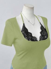 Sweetra Sexy Solid Color Lace Patchwork Slim Fit Bodycon T-Shirt