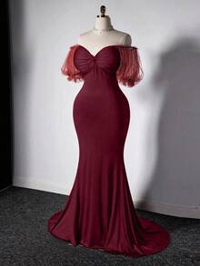 Grovea 优雅高端收腰奢华美人鱼长裙 - 酒紅色 - 查看 1