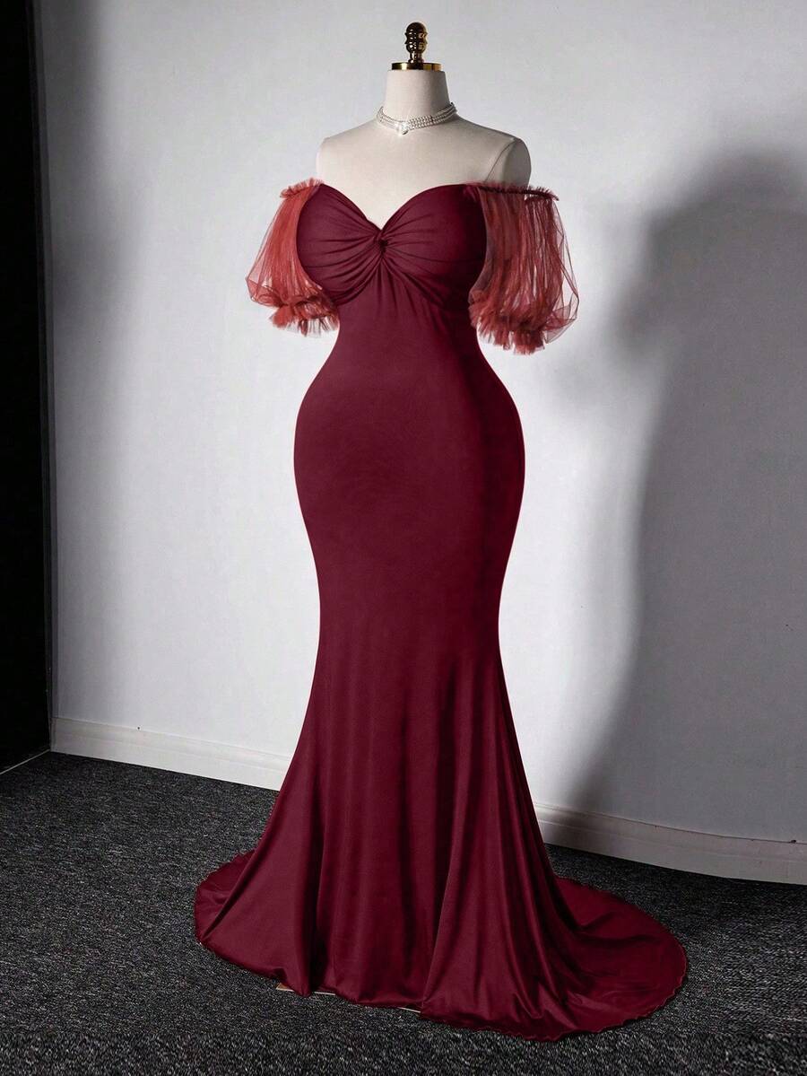Grovea 优雅高端收腰奢华美人鱼长裙 - 酒紅色 - 查看 1