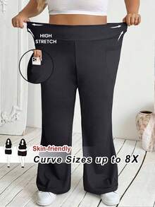 SHEIN CURVE+ 大码女式秋冬返校休闲家居服家居服瑜伽舒适户外纯黑色针织松紧腰高腰口袋喇叭裤，带口袋的紧身裤 - 深灰色 - 查看 1