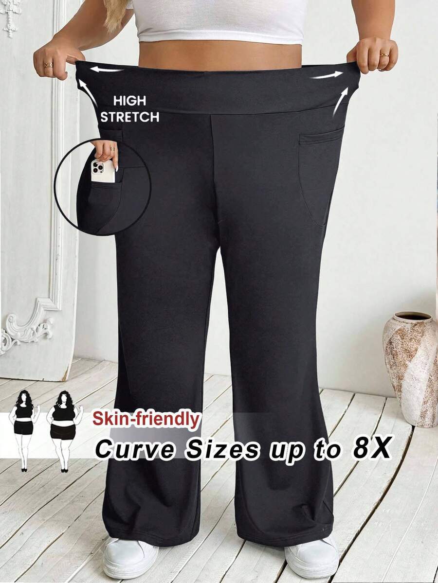 SHEIN CURVE+ 大码女式秋冬返校休闲家居服家居服瑜伽舒适户外纯黑色针织松紧腰高腰口袋喇叭裤,带口袋的紧身裤 - 深灰色 - 查看 1
