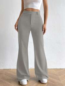 SHEIN Unity Pantalones elegantes de unicolor con pierna acampanada y ajustados para uso diario - Gris Claro - Ver 4