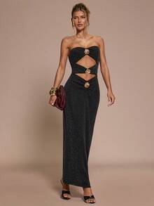 SHEIN BAE 女士优雅金属花朵装饰露肩连衣裙，夏季 - 黑色 - 查看 4