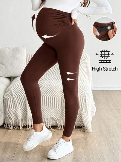 SHEIN Legginsy ciążowe z wysokim stanem, w jednolitym kolorze i swobodnym kroju