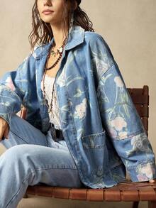 Bohemela 秋冬女式休闲水洗复古牛仔印花长袖开襟宽松立领口袋夹克，西部乡村风格，适合度假、日常穿着、返校、万圣节、圣诞节等场合。 - 彩色 - 查看 4