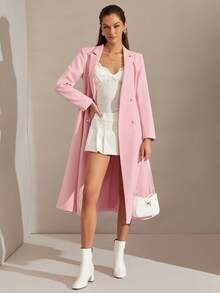 Enchnt Women's Elegant Soft Pink Winter Coat, Pink Lapel Minimalist Double Breasted Long Sleeve Coat,Autumn Elegant Work Chic&Elegant Everyday Wear - Pink - View 1