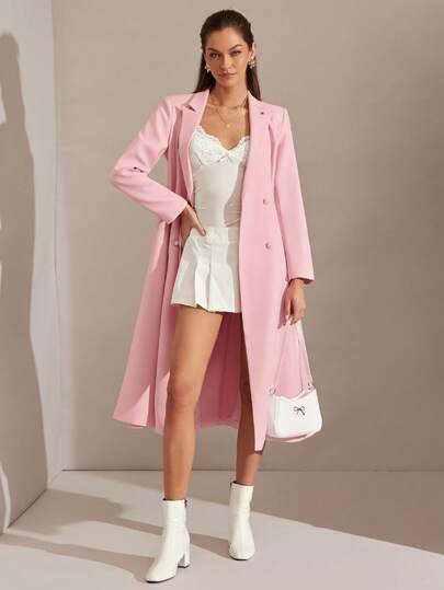 Enchnt Winter Romantic Women's Elegant  Pink Lapel Minimalist Double Breasted Long Sleeve Coat, Everyday Wear,Chic&Elegant For Date&Going Out&Daily Wear,Women's Winter Coat,Elegant Coat,Pink Coat,Winter Outfits For Women