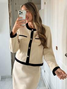 Vivie Lora Women's Contrast Color Patchwork Long Sleeve Jacket And Skirt 2 Pieces Set - Khaki - View 2
