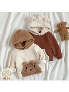 Loomiva 2pcs Baby Boy Cartoon Bear Pattern Contrast Color Fleece Hooded Long Sleeve Sweatshirt Set - Multicolor - View 6