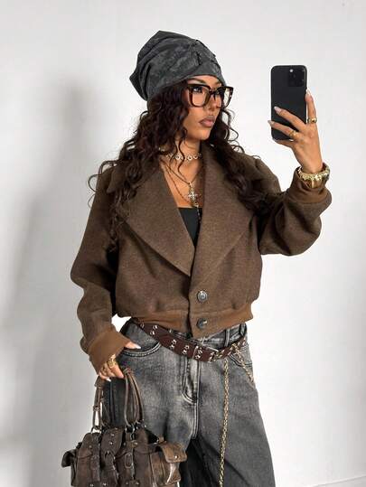 StreetHx Giacca corta in tweed marrone con fiocco di neve e colletto ampio, adatta per autunno/inverno