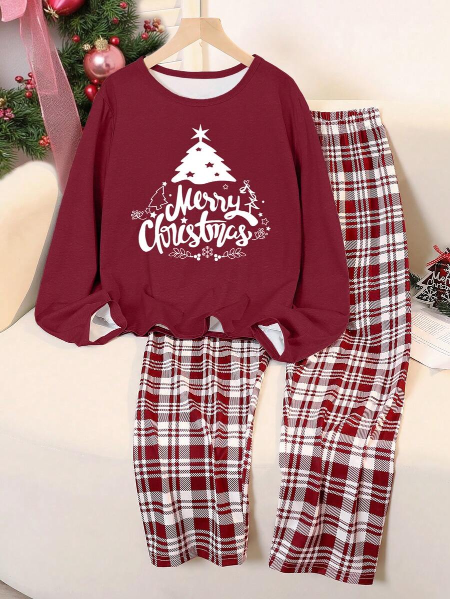 少女两件套圣诞树和英文文字印花牛奶丝圆领长袖上衣和格子宽松舒适裤睡衣套装，圣诞红格子，1 套 - 酒紅色 - 查看 1