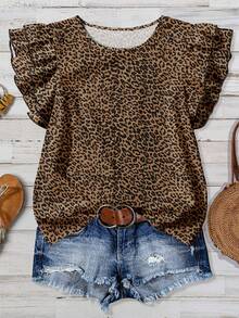 EMERY ROSE 休闲简约风格深棕色豹纹全图案女式荷叶边袖衬衫，适合秋冬，复古风格，百搭 - 彩色 - 查看 1