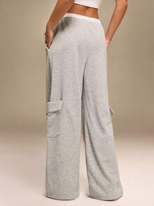 Hanevo Autumn/Winter Back To School Casual College Style Contrast Color Cinched Waist Pockets Wide Leg Pants - Grey - View 2