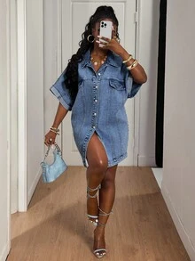 Slaydiva Plus Size Denim Backless Tube Dress - Dark Wash - View 7