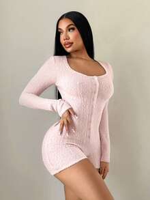 SHEIN SXY Women's U-Neck Front Button Khaki Bodysuit With Long Sleeves,Fall ,Winter, - Khaki - View 4