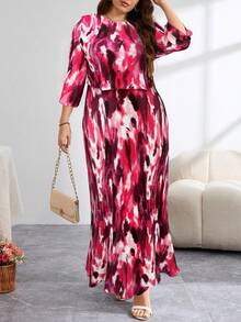 Reflora Plus Size Elegant All-Over Print Textured Fish Tail Hem Dress, Autumn - Burgundy - View 1