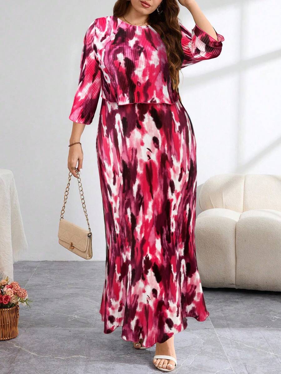 Reflora Plus Size Elegant All-Over Print Textured Fish Tail Hem Dress, Autumn - Burgundy - View 1