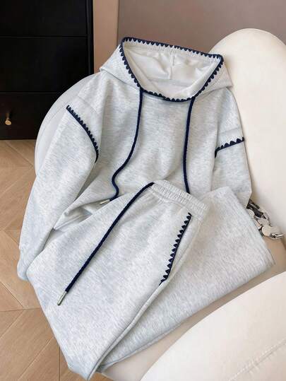 Resyla 2pcs Set: Fashionable Minimalist Hoodie With Lace Trim, Great Gift For Friends