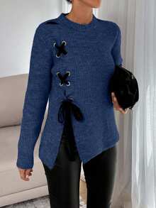SHEIN Tall Tall Casual Contrast Color Cross Cord Placement Rib Knit Sweater With Slit - Blue - View 3
