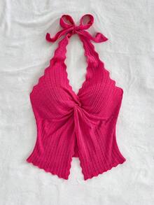 Soleia Plus Size Women's Sexy Backless Twist Knot Halter Neck Solid Color Beach Vacation Top - Hot Pink - View 5