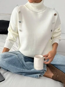 Elegant Turtle Neck Gold Button Details On Shoulders Solid Color Cozy Warm Sweater For Fall Winter Women Office Chic White Women White Sweater Women White Knit Sweater Womens White Jumper Turtleneck Sweater White Turtleneck Sweater Women,Jumpers,Women's Jumpers