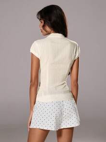 TRNVIE 夏季白色纹理领口修身胸前纽扣性感办公室女士棉质条纹短袖衬衫 - 杏色 - 查看 2