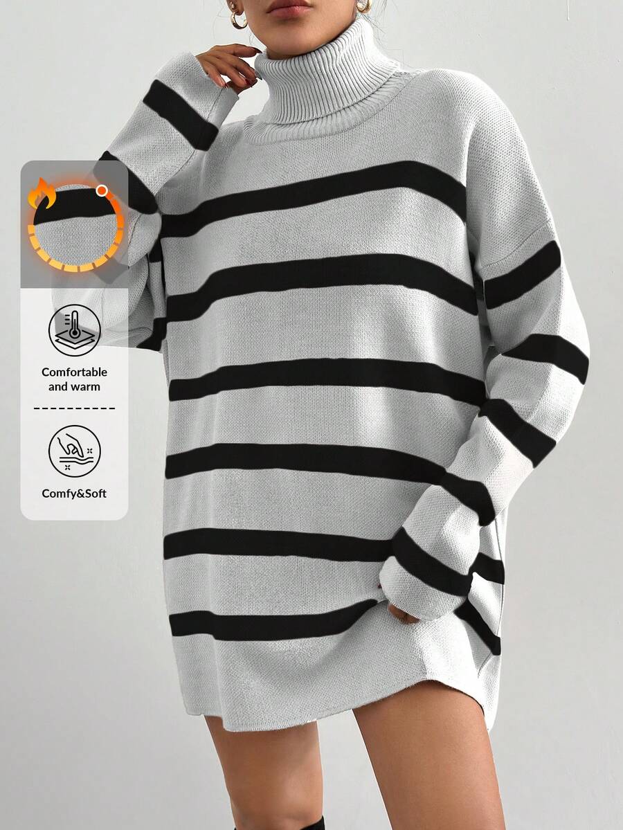 EURMUSE Striped Pattern Turtleneck Sweater With Drop Shoulder - Black and White - View 1
