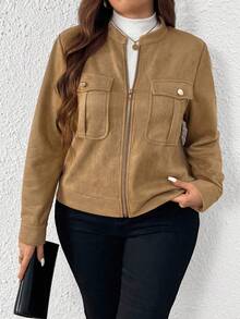 SHEIN Tall Damen Jacke in Große Größen, lässig, locker, mit Brusttasche, Stehkragen, Reißverschluss, Langarm, für Herbst/Winter