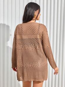 EURMUSE Plus Size Solid Color Hollow Out Knit Cardigan, Casual For Autumn - Mocha Brown - View 2
