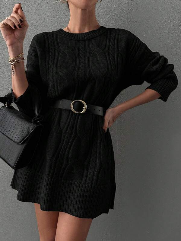 SHEIN PETITE Petite Women Casual Autumn Winter Cable Knit Split Hem Mini Sweater Dress Without Belt