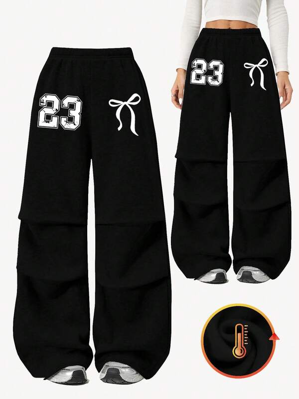 Tween Girls Butterfly & Number Print Casual Loose Pleated Fleece Sweatpants, Suitable For School Uniform In Autumn And Winter