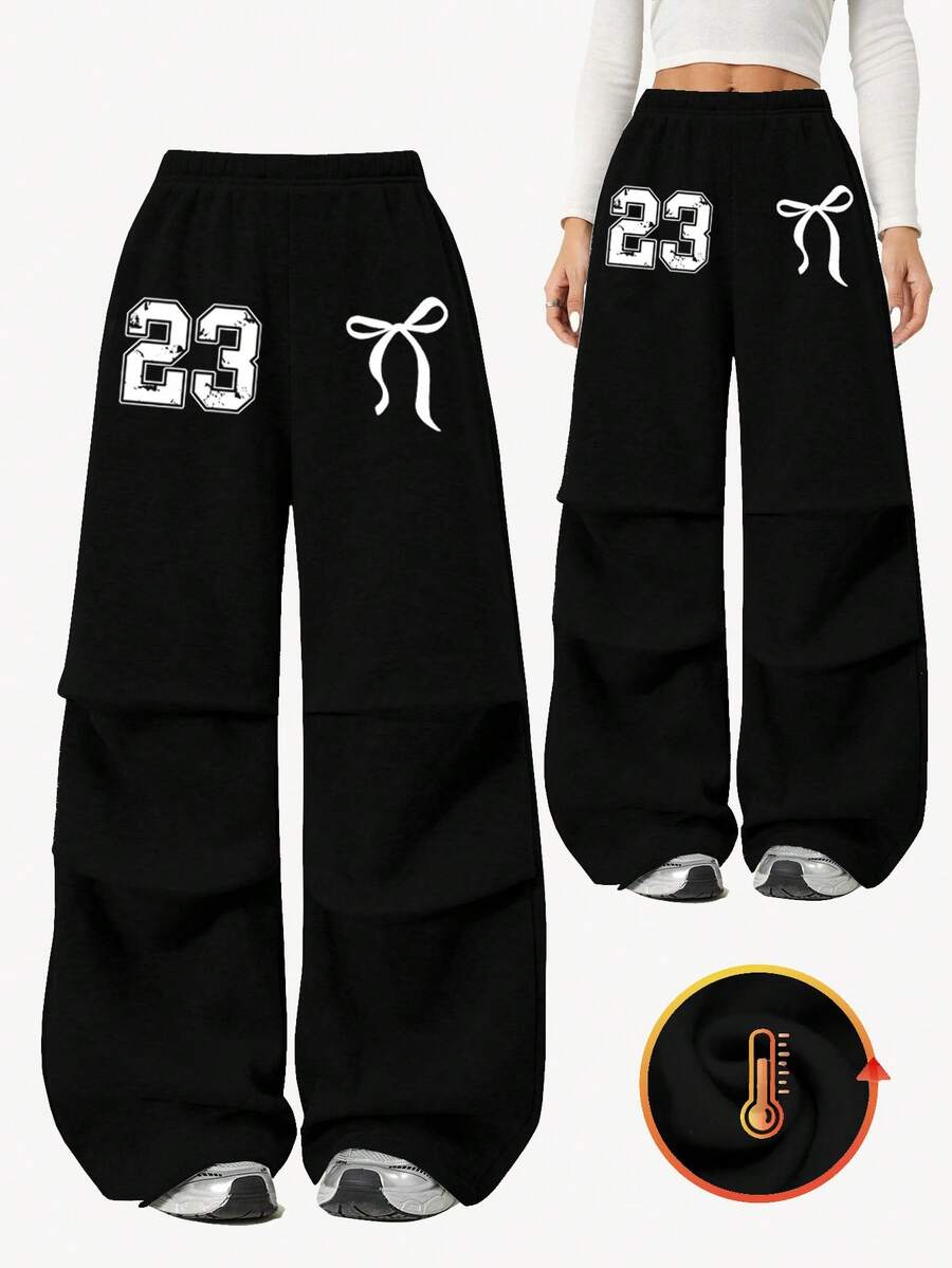 Sparklyn 女童蝴蝶数字印花休闲宽松褶皱羊毛运动裤，适合秋冬季校服