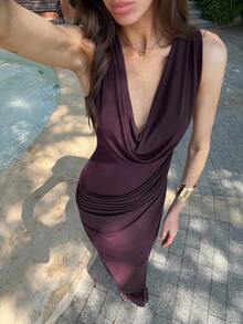 Aloruh Đầm dự tiệc Maxi lưới cổ khoét sâu, co giãn ôm sát eo thời trang mới, gợi cảm và thon gọn - Màu tím - Xem 7