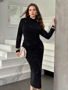 Modelyn Plus Size Elegant Rhinestone Embellished Fitted Party Dress - Black - View 3