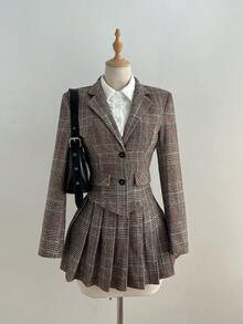 Elamini Women's Houndstooth Wool Blend Asymmetric Hem Blazer & Pleated A-Line Skirt Suit Set, Autumn/Winter - Multicolor - View 1