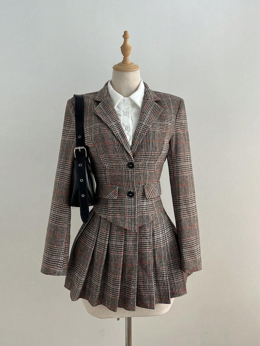 Elamini Women's Houndstooth Wool Blend Asymmetric Hem Blazer & Pleated A-Line Skirt Suit Set, Autumn/Winter - Multicolor - View 1