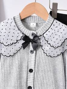 Elladie kids 2pcs Little Girl Cottagecore Sweet Campus Daily Autumn Lace Collar Bow Knit Cardigan Flare Pants Outfit Set - Multicolor - View 7