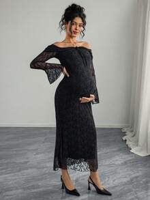 Momance Elegantes Umstandskleid mit Off-Shoulder, Langarm, Bindedetail und schwarzer Spitze - Schwarz - Übersicht 5