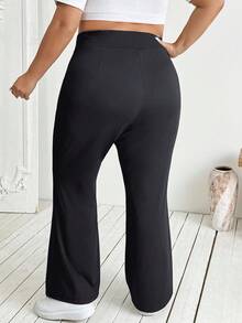 SHEIN CURVE+ 大码女式秋冬返校休闲家居服家居服瑜伽舒适户外纯黑色针织松紧腰高腰口袋喇叭裤，带口袋的紧身裤 - 深灰色 - 查看 3