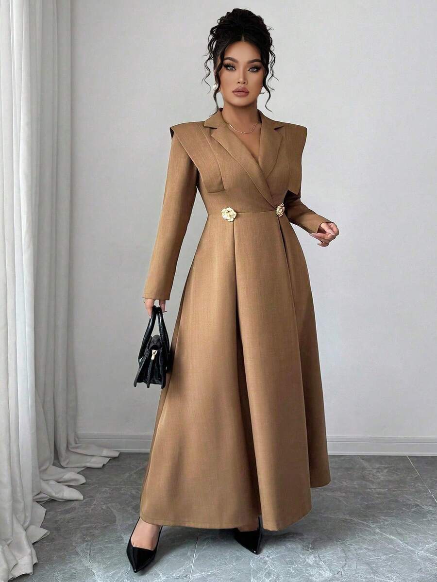 Elenzga Abito lungo a maniche lunghe con cintura in vita, design con collo incrociato, stile vintage alla moda, colore marrone caffè, taglie comode, stile francese elegante, versatile per lavoro, casual e per stratificazioni