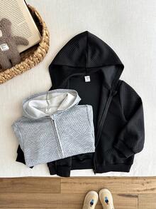SHEIN 2 Piece Set, Buy One Get One Free, Kids Boys Casual Sweatshirt, Hooded Sweatshirt Set, Kids Long Sleeve Sweatshirt For Boys And Girls, Back To School,Basic Top,Black Tops,Back To School Clothes Boys,Coat - Multicolor - View 4