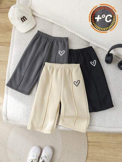  SHEIN Baby Girl's Cute Casual Versatile Knitted Solid Color Wool Stretch Waist Pants With Heart Pattern (3-Pack),Suitable For Autumn And Winter, Buy 2 Get 1 Free, Solid Color Gray And Black ,Khaki Trousers Sweatpants 3-Pack, Cutting-Edge Fashion Design, Can Be Worn Indoors And Outdoors, Warm And Fashionable, Simple Style, Suitable For Indoor And Outdoor, Daily, Sports, Play, Party, Photo Taking, Vacation, Festivals In Autumn And Winter, Buy Two Get One Free, Affordable And Versatile