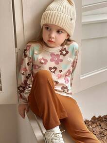 2pcs Young Girl Casual Floral Print Sweatshirt And Solid Color Flared Pants Set, Cute Knitted Outfit For Autumn - Multicolor - View 3