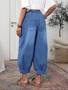 EMERY ROSE Quần jean nữ dáng rộng cạp chun màu trơn, dáng suông, thường ngày - Màu xanh lam - Xem 2