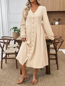 EMERY ROSE Women's Solid Color V-Neck Long Sleeve Single-Breasted Casual Mid-Length Dress Women Dresses Autumn Winter  One-Piece Dress Ladies Autumn Winter Cozy Fall And Winter Clothes For Women  New Year Dress - White - View 4